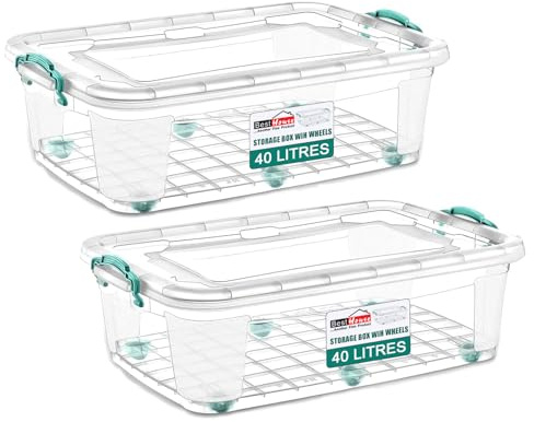 Best House | Plastic Storage Box with Lids and Wheels | Size 40L(L:72.4cm W:47.5cm H:19.3cm) | Set of 2 | Stackable Clear Durable Multipurpose Underbed Toys Tools Crafts Household(Large)-40 Litres