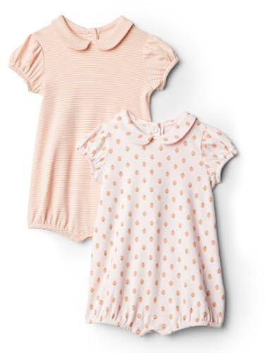 Amazon Essentials x Sofia Grainge Baby Girls' Cotton Short-Sleeve Romper Suit with Peter Pan Collar, Pack of 2, Strawberry/Stripes, 18 Months