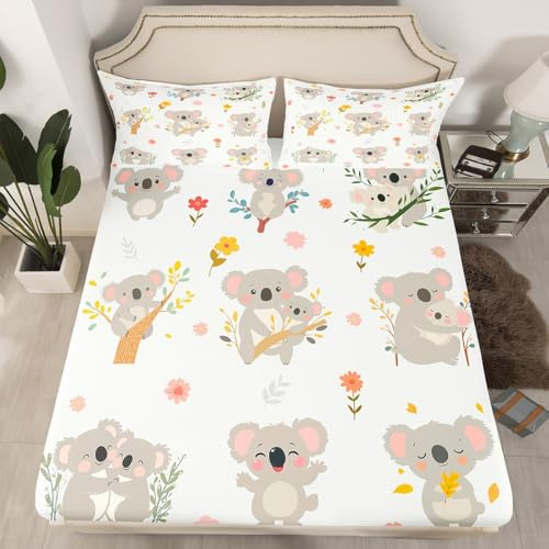 Cute Koala Spannbettlaken S Größe,rosa gelbe Blume Bettwäsche Set Cartoon Tiere Pflanzen Bettlaken Kinder Mädchen Jungen Zimmer Dekor,Bohemian weiße Tiefe Tasche Blatt,1 Kissenbezug