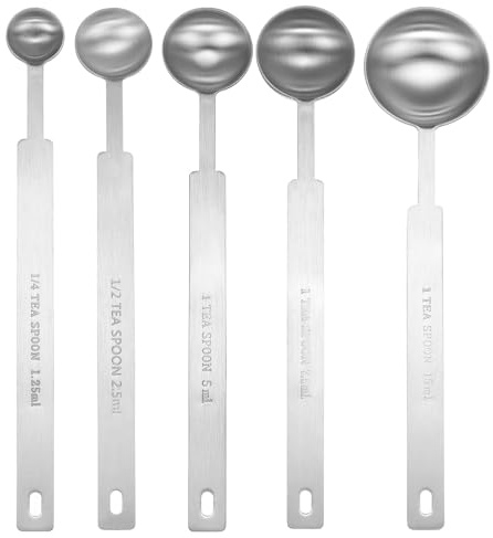 sourcing map 5pcs Single Measuring Spoon Set 1/4 1/2 1 1.5 3tsp (1.25/2.5/5/7.5/15ml) Teaspoon/Tablespoon 430 Stainless Steel Single Tiny Square Bowl Measure Spoon Long Handle Measure Scoop