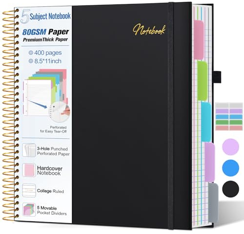 5 Subject Notebook College Ruled,80GSM Paper Thick Hardcover Spiral Notebook Lined Journal with Removable Dividers Tabs,400pages 8.5x11 Paper Large Notebooks for School Work,3-Hole Punched, Black