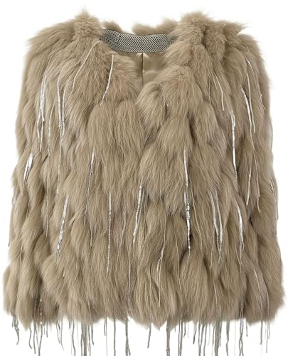 OFTBUY Herbst Winter Frauen Mantel Echte Natürliche Nerz Pelz V-Ausschnitt Quasten Jacke Kurz Dick Warm Casual Overwear Streetwear (Einheitsgröße,4)