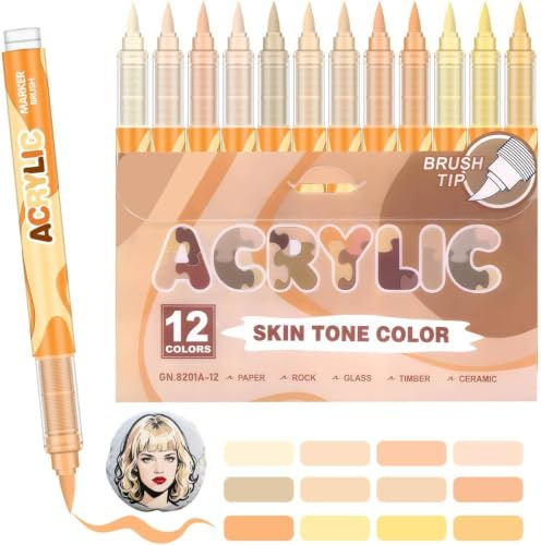 Laconile 12 Farben Acrylstifte für Hauttöne, Acrylstifte für steine wasserfest Mit flexibler Pinselspitze (1-5 mm) zum Bemalen von Steinen, Keramik, Glas, Holz, Leinwand(SKIN-TONE-YELLOW)