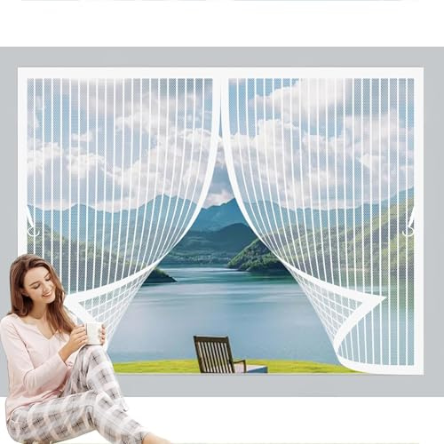 Mosquitera Magnetica 129x140cm Cierre Automático, sin Taladrar, Antimosquitos, Fácil Instalación, Mosquitera Ventana Ajustable para Puerta Corredera, Puerta de Salón, Blanco