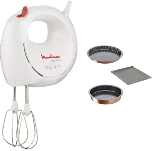 Moulinex Batteur électrique Easymax, 200 W, 2 vitesses, 2 jeux de fouets inclus, blanc ABM11A30 & lots de 2 moules Tefal Airbake + plaque à pâtisserie 30x35cm