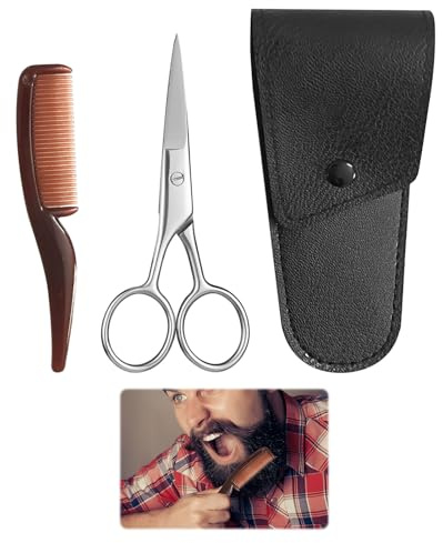 3 PCS Beard Scissors for Men,Professional Stainless Steel Moustache Scissors with Comb and Storage Bag,Multi-Function Moustache Kit for Eyebrows,Beard