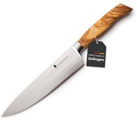 KÜCHENSCHARF Profi Kochmesser 20 cm mit Olivenholzgriff - Ergonomisches Küchenmesser aus 100% Edelstahl für Profi- und Hobbyköche - ideal für Fleisch, Obst & Gemüse - Geschenkset