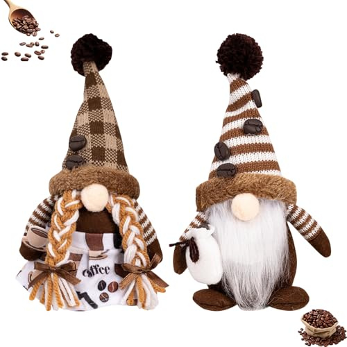 Ferakum 2 Stück Herbstdeko Kaffee Wichtel Figuren, Kaffeewichtel Plüsch Bar Dekoration, Handgefertigt Erntedankfest Plüsch Ornament Schwedischer Tomte Wichtel für Kaffeestation Küche (B)