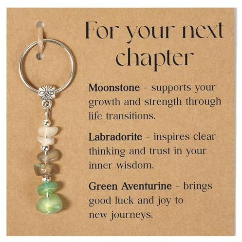 BellaBlend Kristall Porte-clés Neuanfang porte-bonheur cadeau pour enseignants, changement de travail, séparation, retraite avec pierre de lune, labradorite et aventurine verte