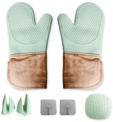 Guantes de Horno Resistentes al Calor, Guantes de Cocina de Silicona y Algodón, Par de Pinzas de Dos Dedos de Silicona, 1 Mantel Aislante, Set de Repostería Anti-Quemaduras, Verde