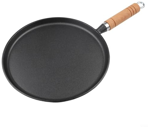 Wood Handle Thickened Cast IRONs Pancake Pan, Non- Flat Cast IRONs Griddle for Crepe and Skillet Cooking, Heat Evenly Cast IRONs Cookware for Home Kitchen(26)
