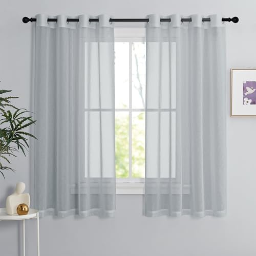 PONY DANCE Voile Gardinen Kurz Schlafzimmer Vorhang Transparent Ösen | Grau,H145 x B140 cm,2er Set,Vorhang Durchsichtig Küche,Sheer Curtains Living Room,Sanfte Lichtfilterung,Luftig