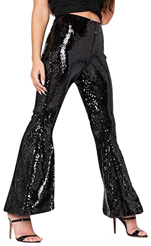 Pailletten Hose Damen Glitzer Hose Lang Pailettenhose High Waist Weites Bein Paillettenhose Schlaghose mit Pailletten Disco Outfit Damen Glitzerhosen Party Festival Club Mode Hosen (M)