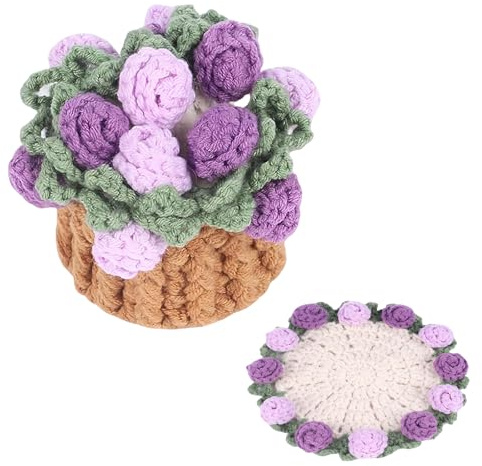 Richaa Handgefertigtes Häkelblumen-Untersetzer mit Mini-Korb, Weiche Dekorative Häkeluntersetzer, Floral Häkeln Untersetzer für Muttertag Geburtstag Wohnkultur Valentinstag Jahrestag Geschenke