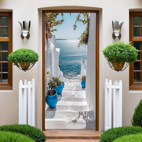 Blau Türposter 100x200 cm Küstenstädte PVC Türaufkleber Fototapete Selbstklebende Türfolie Wasserdicht Wohnzimmer Schlafzimmer Küche Toilette