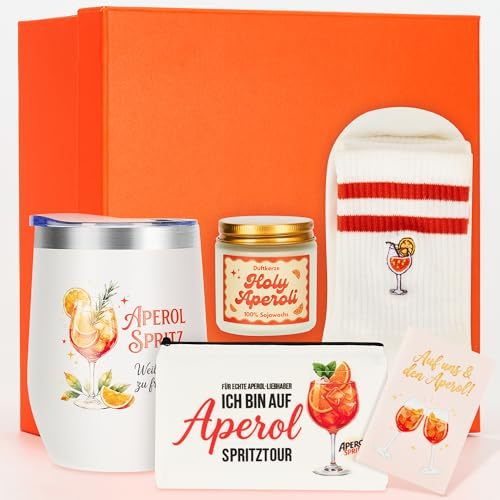 Rilcn Aperol Geschenkset für Frauen – Aperitif Geschenkidee mit Thermobecher, Socken, Kosmetiktasche & Duftkerze, Geschenk für Freundin, Beste Freundin, Geburtstag & Weihnachten