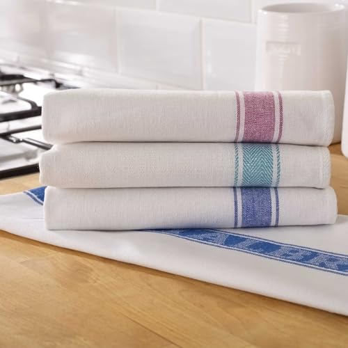 Vision Linens Union Linen Pack Of 5 Kitchen Glass Cloth Tea Towel Assorted Red, Blue & Green Striped, 51 x 76cm (20” x 30”), For Drying & Polishing, Cotton Rich, Absorbent, Catering, Professional