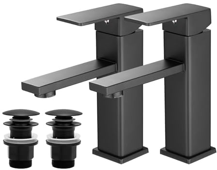 Vuadzren Rubinetto Bagno Lavabo Miscelatore da lavabo a foro singolo, forma quadrata, nero, a leva singola con cartuccia ceramica, in acciaio inox(2, nero con scarico)