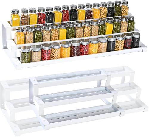 GOENDR Expandable Spice Rack(41-75 cm), 3 Tiered Spice Organiser for Inside Cupboard, Wall-Mountable Seasoning Organizer, Large Spice Jars Rack for Kitchen, Countertop, Pantry, Bathroom, White