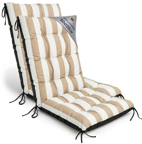 Gartenstuhl Hochlehner Auflagen 2er Set 50x120 cm - Sitzauflagen Gartenmöbel Gartenstuhlauflagen Polster Auflage für Gartenstühle Sitzpolster Outdoor Stuhlauflagen Sitzkissen Weiß-beige gestreift