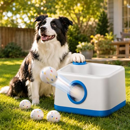 VMYTH Automatic Dog Ball Launcher — Features Manual and Automatic Modes Sound Function and 3 Launch Distance Settings Ball Thrower Dog with 4PCS 2.3in/58mm E-TPU Balls.