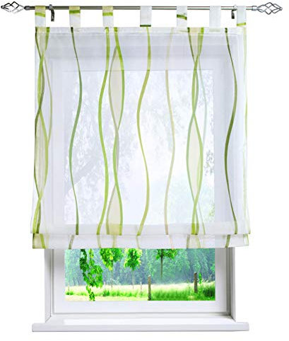 Voile Raffrollo mit Wellen Druck Design Rollos Schlaufen Transparent Vorhang (BxH 120x140cm, grün)