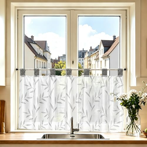 Joyswahl Scheibengardine Voile Bistrogardine Schlaufen Celilie 45x90 Grau | Transparente Gardine Stores, 1er Pack, Kurzgardinen, Küchengardinen modern, Fenstergardinen landhaus, mit Blätter Muster