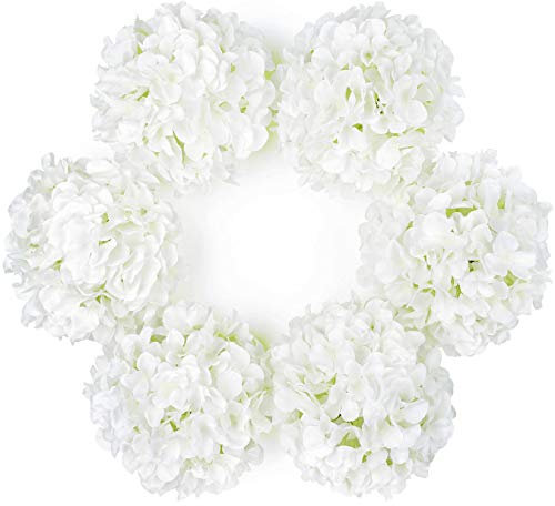 DuHouse Artificial Bigger Silk Hydrangea Flower Heads with Stem Realistic Fake Hydrangea Flower Bouquets for Wedding Home Party Garden Centerpiece Pack of 6(White)