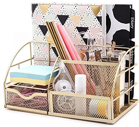 EXERZ Desk Organiser Metal Mesh 7 Compartments Office Tidy Caddy Gold