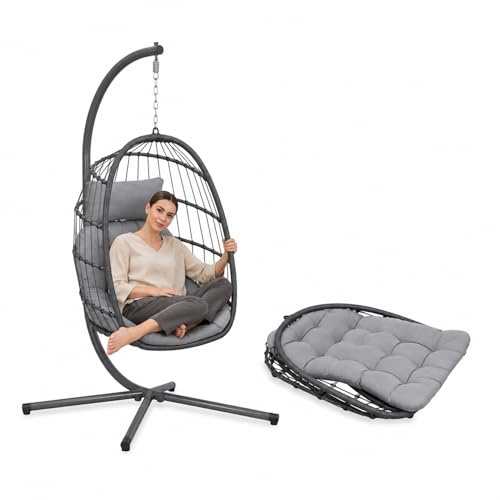 Zendea - Poltrona Sospesa da Giardino a Uovo Pieghevole – Rattan Sintetico, Acciaio Zincato 192 cm, 160 kg | Sedia a Dondolo Sospesa con Cuscini Antracite, Interno ed Esterno, 75×10×103,5 cm chiusa
