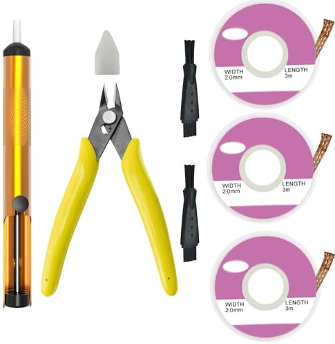 Lötsauger-Entlötpumpe, Lötsauger-Entlötdocht-Kit, einschließlich Mikroscher-Drahtschneiderzange mit Zangenscheide, 3-teilige Entlötdochte (2 mm Breite, 3 m Länge), 2-teilige Reinigungsbürste