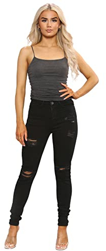 989Zé ENZO Skinny Jeans für Damen, zerrissene Hose, Denim, schmale Passform, Stretch, Used-Look, Schwarz , 40