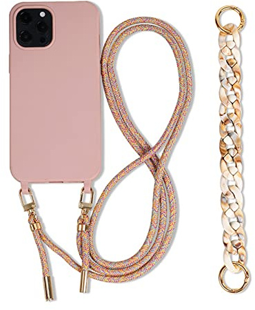 Emlivi Coque chaîne de téléphone Compatible avec iPhone 11 TPU étui pour téléphone 3 en 1 Bracelet Lanyard Coque en Silicone Souple avec Collier De Perles Coque pour iPhone 11, Sable Rose
