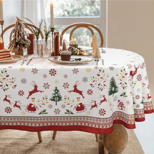 Bnejvif Tovaglia natalizia rossa, ovale con fiocchi di neve, tovaglia natalizia per decorazioni natalizie, impermeabile, senza pieghe, 60 x 102 cm