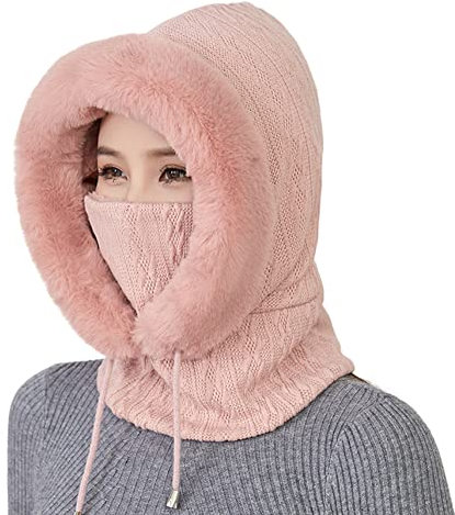 iSpchen Sturmhaube Gesichtsmaske Damen Wintermütze Warme Plüschmütze 3 in 1 Damen Winterschal Strickmütze Balaclava Winter Schlupfmütze lässige Plüsch Mütze Outdoor Radfahren Mützen Skimütze Schal