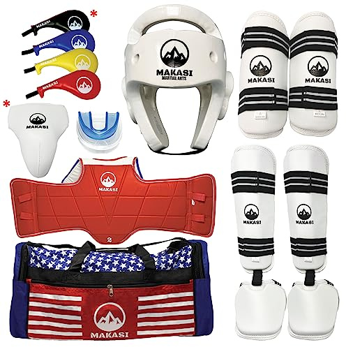 Martial Arts Taekwondo Sparring Gear Equipment Set Headgear Shin Instep Arm Chest Mouthguard Bag (White)