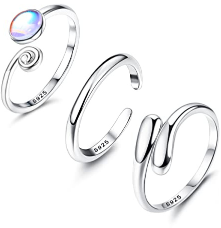 MILACOLATO 3pcs Toe Rings Set 925 Sterling Silver Open Band Rings Comfort-Fit Adjustable Toe Rings for Women Moonstone Summer Barefoot Jewelry