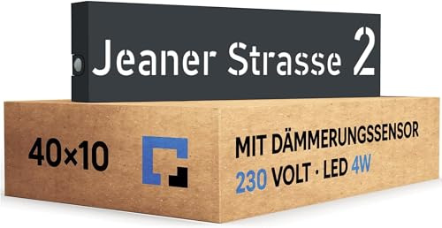 PRINTIMA Hausnummer Beleuchtet LED mit Dämmerungssensor 40x10 cm Anthrazit mit Gravur, 6W A++, 230V, wasserdicht, modernes Design, robust & stilvoll