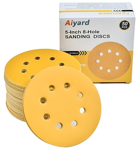 Aiyard 5-Inch 8-Hole Hook and Loop Sanding Discs 800-Grit Random Orbit Sandpaper, 50-Pack
