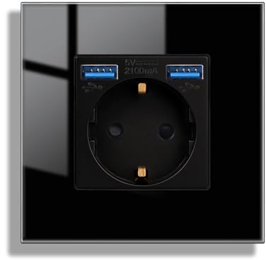 JIMEIDA Steckdose Glas mit USB in Schwarz Unterputz,1 Fach 16Amp Steckdosen mit 2 USB A max.2.1A,86 * 86mm,250V