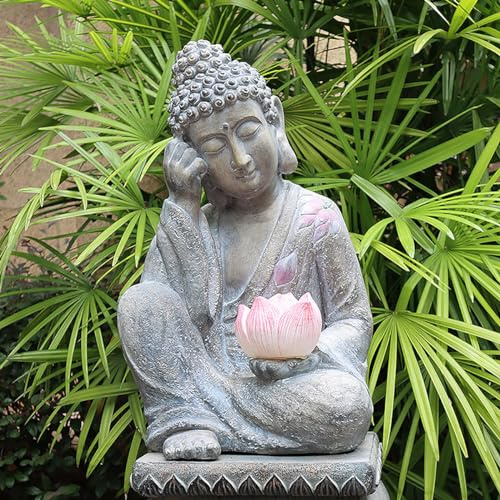 Pevfeciy Buddha Figuren Groß Mit Lotus Zen Buddha Statue Dekoration,H-50 cm/5.24 kg,Gartendeko Skulptur für Draußen,Massive Feng Shui Figur aus Steinguss Frostfest,Robust,A