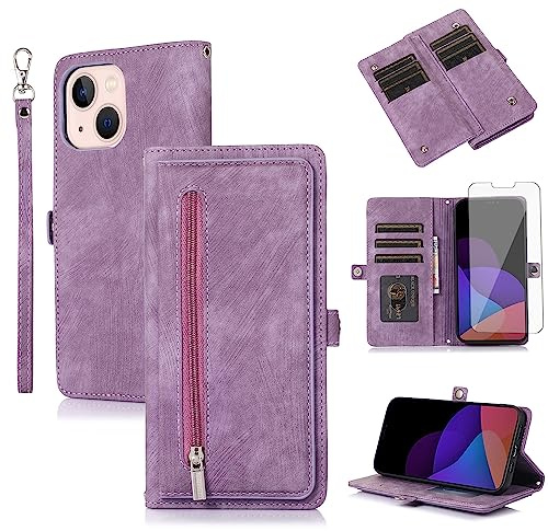Asuwish Phone Case for iPhone 15 6.1 inch Wallet Cover With Tempered Glass Screen Protector and Crossbody Wrist Strap Leather Flip Zipper Card Holder Stand Cell iPhone15 5G i i-Phone i15 15Case Purple
