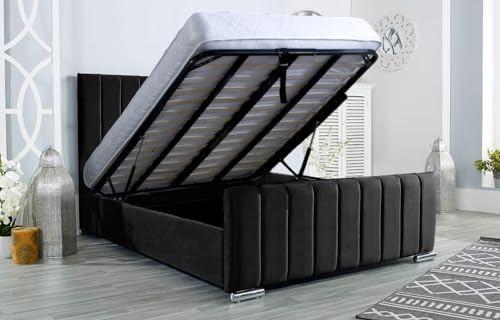 AuGold Beds Upholstered Ottoman Bed 4FT6 Double – Black Plush Double Bed Frame with Headboard, Footboard & Lift-Up Storage Base – Durable Modern Design for Stylish Compact Bedrooms