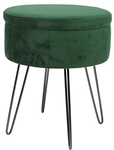 Harbour Housewares 1x Grün/Schwarz H45 x D36cm Runden Samt-Fußhocker mit Stauraum - Wohnzimmer Schminktisch Fußbank Ottomane Sitzpuff Stuhl Sitz