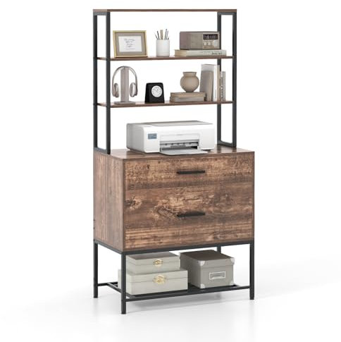 COSTWAY Tall Bookshelf, 7-Tier Wooden Storage Bookcase Ladder Shelving Unit with 2 Drawers and Open Shelves, Vertical Filing Cabinet Printer Stand for Home Office (Rustic Brown)