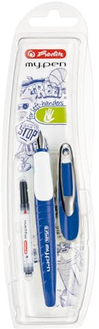 herlitz Schulfüllhalter my.pen, für Linkshänder (L-Feder), blau/weiß, 1 Stück in Folienetui, 50046782