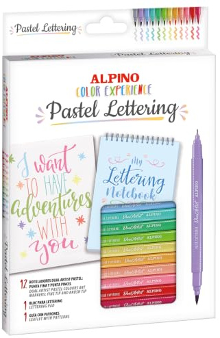 Alpino – Pastell-Lettering-Set, 12 Dual-Künstler-Marker, 1 Lettering-Notizbuch und 1 Leitfaden mit Mustern | Farbvielfalt | Kreativität ohne Grenzen | Kreativer Schriftzug