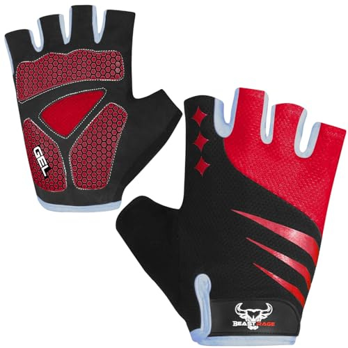 BEAST RAGE Guantes de Ciclismo de Medio Dedo para Hombres y Mujeres, Acolchados de Gel, Antideslizantes, absorción de Golpes, Guantes de Gimnasio, Guantes de Bicicleta de montaña (Red, S)