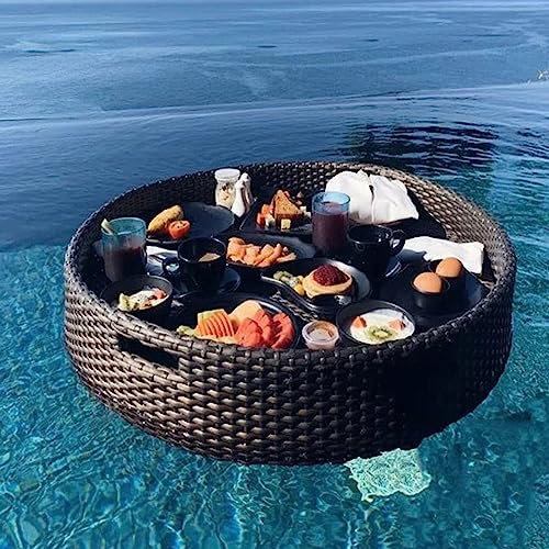 LAMEDOAT Schwimmender Tabletttisch für den Swimmingpool | Serviertablett aus geflochtenem Rattan | Perfekt für Sandbänke, Spas, Bäder und Partys | Schwimmendes Tablett für Erwachsene, Braun, 60 cm