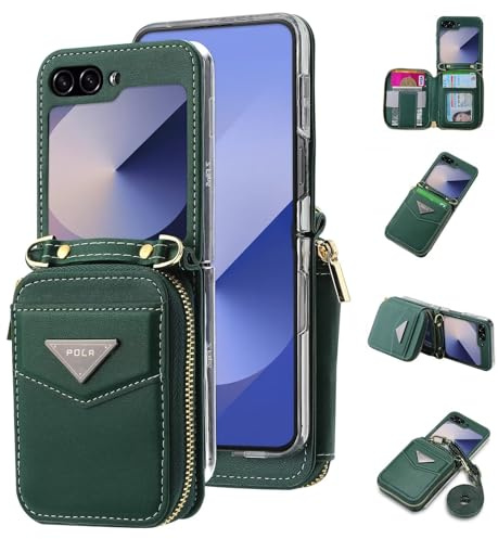 ESONG Funda movil para Samsung Galaxy Z Flip 6,Billetera Carcasa Protectora Antigolpes Cover Case,Cartera de Cuero PU a Prueba de Golpes con Ranuras para Tarjetas/Correa/Soporte,para Mujer-Verde